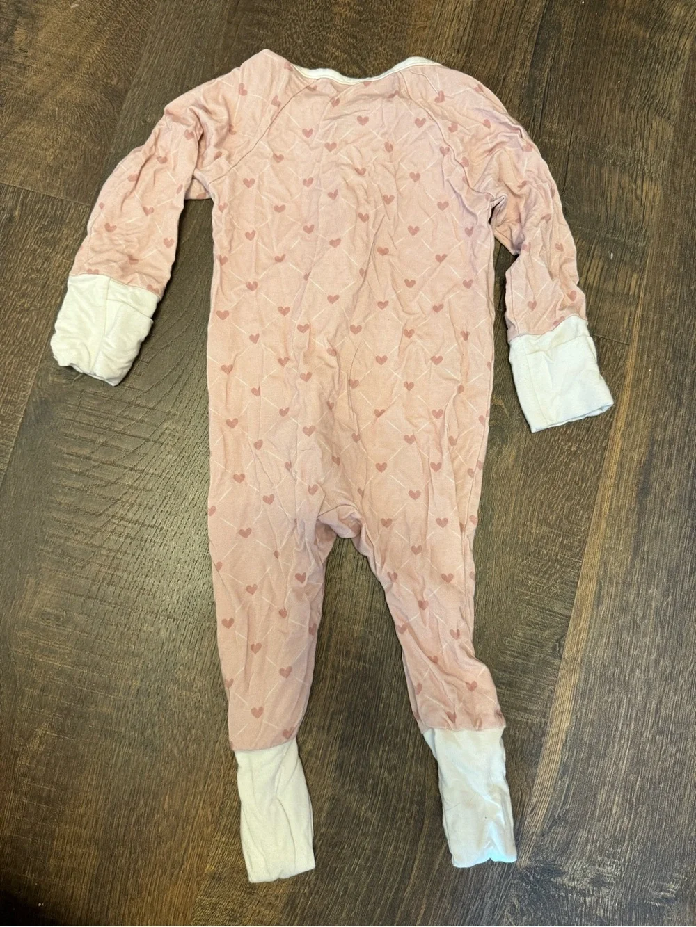 Caden Lane Pink Heart Zip-Front Baby Footie with Cream Cuffs